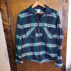 J Crew Flannel Popover Top Women's Size Small Blue Green Plaid Half Zip Pockets